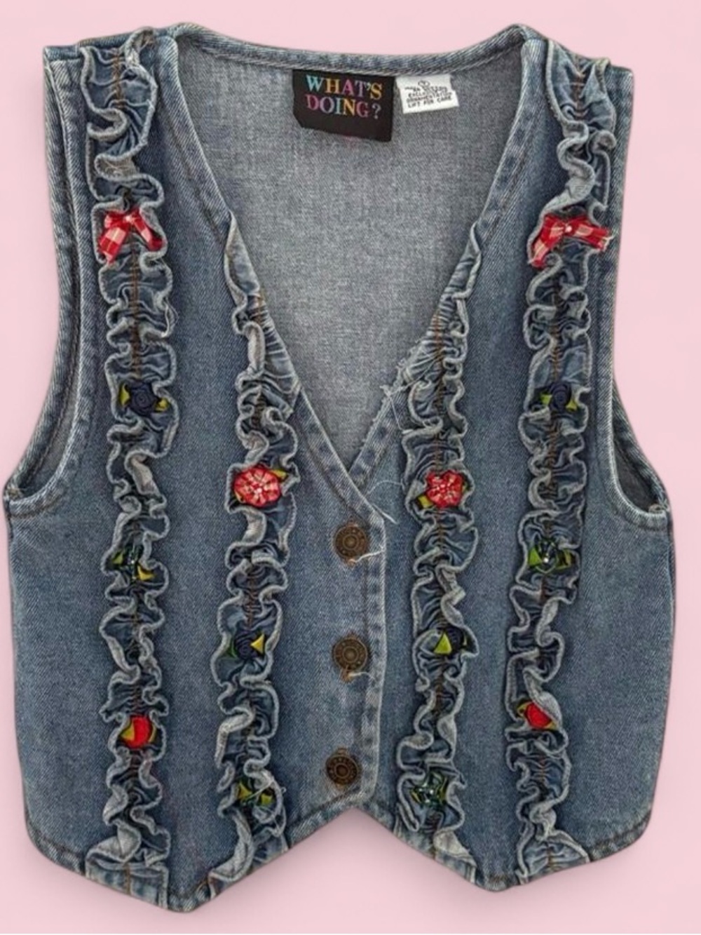 Vintage What’s Doing Girls Denim Vest Size 7 Ruffle Floral Gingham 90s Y2K